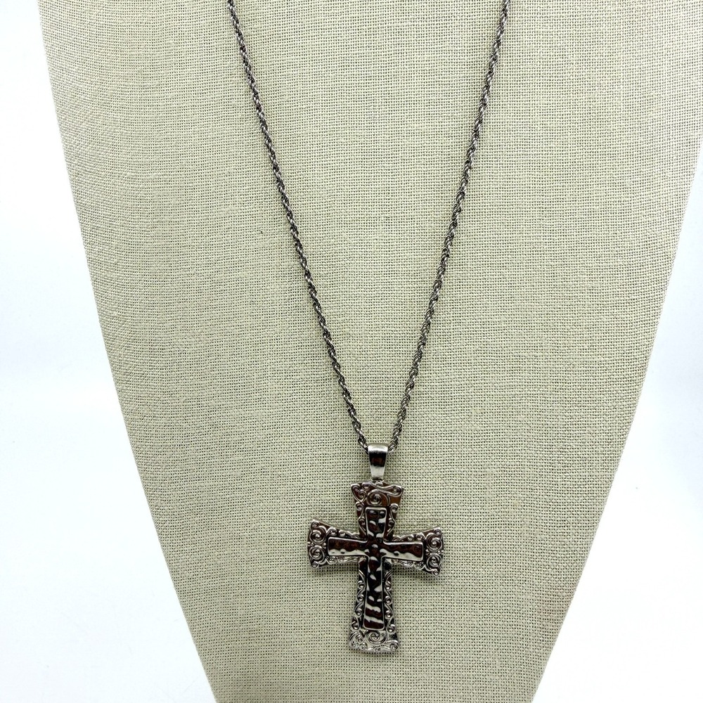 Ornate Silver-Tone Cross Pendant Necklace - Textured Religious Jewelry